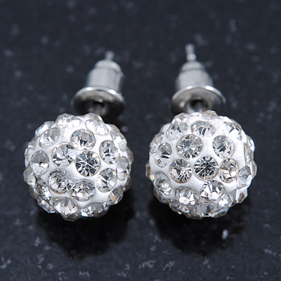 10mm White Crystal Ball Stud Earrings In Silver Tone - main view