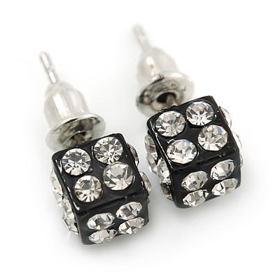 Black Enamel, Clear Crystal Dice Earrings In Silver Tone Metal - 7mm Diameter - main view
