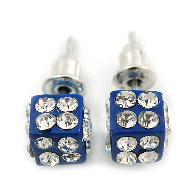 Blue Enamel, Clear Crystal Dice Earrings In Silver Tone Metal - 7mm Diameter - main view
