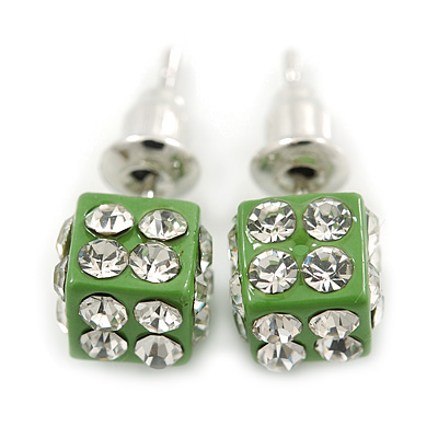 Light Green Enamel, Clear Crystal Dice Earrings In Silver Tone Metal - 7mm Diameter - main view