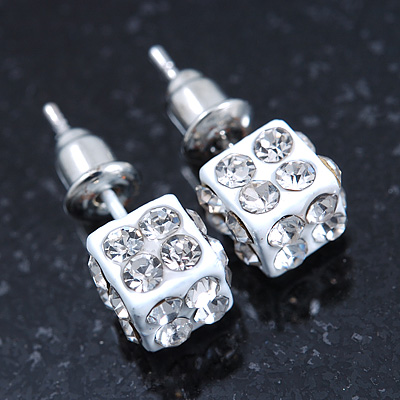 White Enamel, Clear Crystal Dice Earrings In Silver Tone Metal - 7mm Diameter - main view