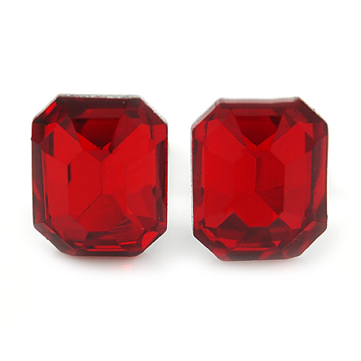 Red Glass Square Stud Earrings In Silver Tone - 10mm Length - main view