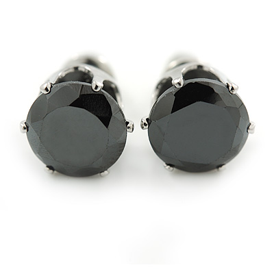 Black CZ Round Cut Stud Earrings In Rhodium Plating - 8mm