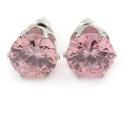 Pink CZ Round Cut Stud Earrings In Rhodium Plating - 8mm - main view
