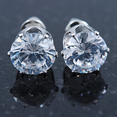 Clear CZ Round Cut Stud Earrings In Rhodium Plating - 8mm - main view