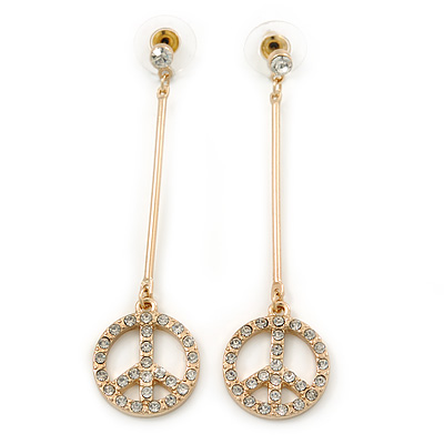 Gold Plated Clear Crystal 'Peace' Drop Earrings - 65mm Length - main view