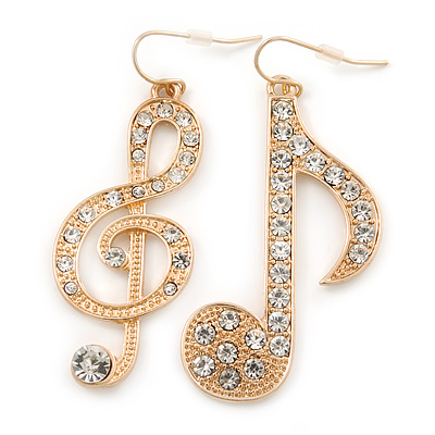 Long Gold Tone Crystal 'Musical Note' Drop Earrings - 60mm Length - main view