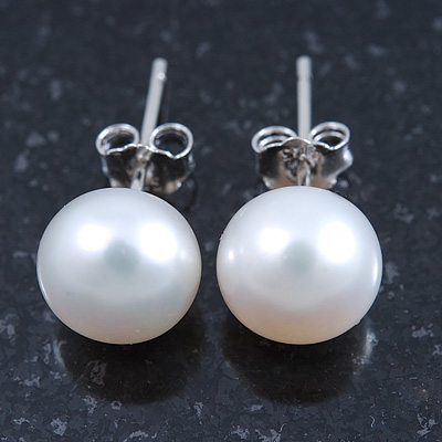 8mm White Freshwater Pearl Sterling Silver Stud Earrings - Boxed - main view