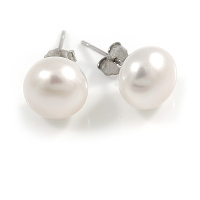 10mm White Freshwater Pearl Sterling Silver Stud Earrings - Boxed - main view