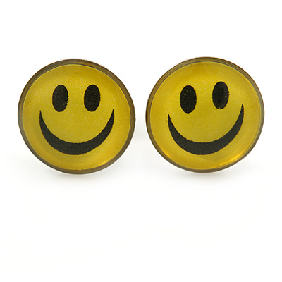 Small Smiling Face Stud Earrings In Silver Tone - 9mm Diameter