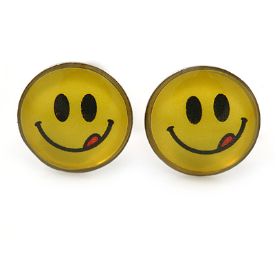 Small Smiling Face Stud Earrings In Silver Tone - 9mm Diameter