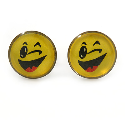 Small Smiling Face Stud Earrings In Silver Tone - 9mm Diameter