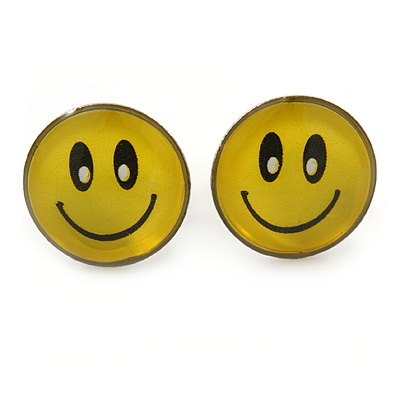 Small Smiling Face Stud Earrings In Silver Tone - 9mm Diameter