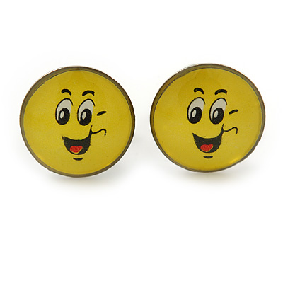 Small Smiling Face Stud Earrings In Silver Tone - 9mm Diameter