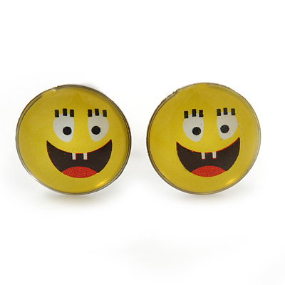 Small Smiling Face Stud Earrings In Silver Tone - 9mm Diameter