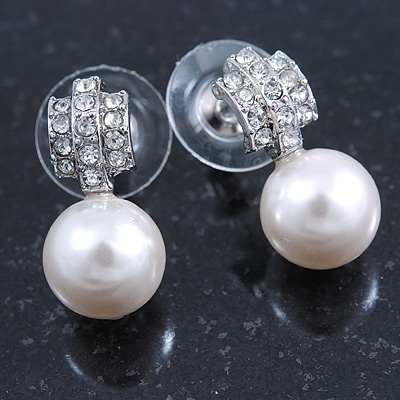 Bridal/ Prom/ Wedding Diamante 10mm White, Faux Pearl Stud Earrings In Rhodium Plating - 20mm L - main view