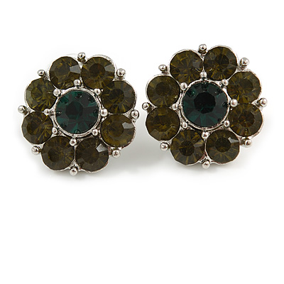 Olive Green Crystal 'Flower' Stud Earrings In Rhodium Plating - 20mm D