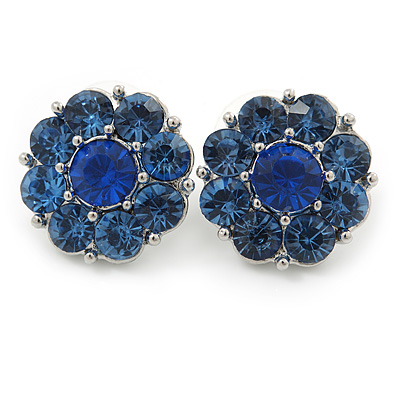Blue Crystal 'Flower' Stud Earrings In Rhodium Plating - 20mm D - main view
