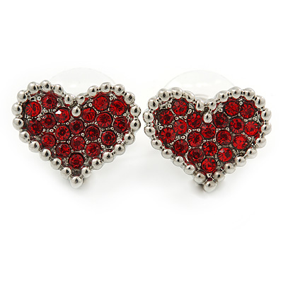 Red Crystal Heart Stud Earrings In Silver Tone - 15mm W - main view