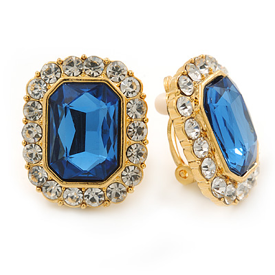 Gold Tone Clear, Blue Crystal Square Clip On Earrings - 23mm L - main view