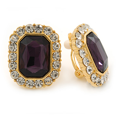 Gold Tone Clear, Purple Crystal Square Clip On Earrings - 23mm L - main view