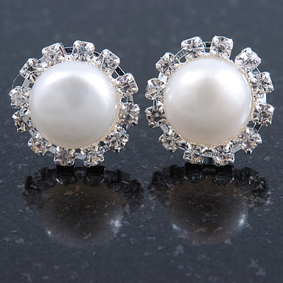 10mm White Freshwater Pearl, Crystal Stud Earrings In Rhodium Plating - 16mm Across - main view