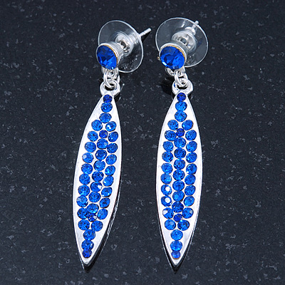 Sapphire Blue Austrian Crystal Leaf Drop Earrings In Rhodium Plating - 50mm L - main view