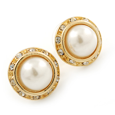 Bridal/ Prom/ Wedding White Simulated Pearl Crystal Button Stud Earrings In Gold Tone - 15mm Diameter - main view