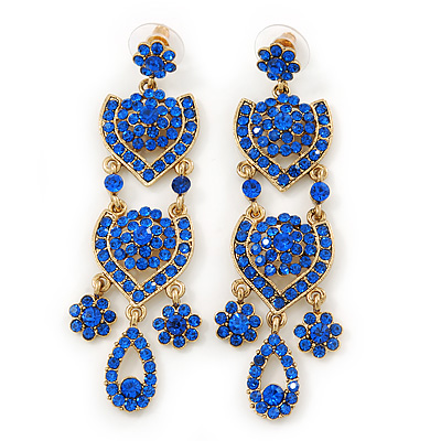 Divine Extravagance Sapphire Blue Austrian Crystal Chandelier Earrings In Gold Tone - 80mm L - main view