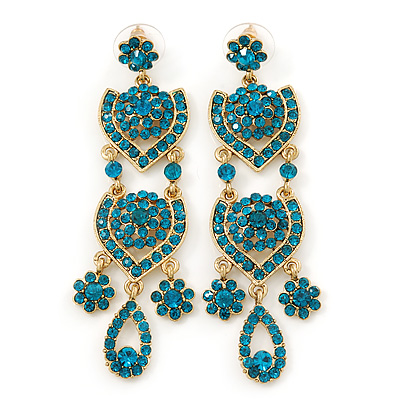 Divine Extravagance Teal Austrian Crystal Chandelier Earrings In Gold Tone - 80mm L - main view