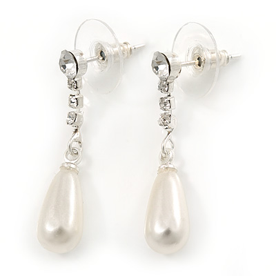 Bridal/ Prom/ Wedding Clear Crystal Faux Pearl Drop Earrings In Silver Plating - 30mm L - main view