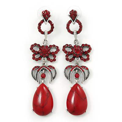 Long Vintage Inspired Red Crystal Bow, Teardrop Earrings In Antique Silver Tone - 85mm L - main view
