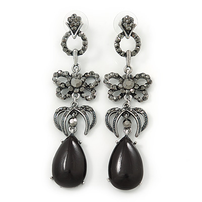 Long Vintage Inspired Hematite Coloured Crystal Bow, Teardrop Earrings In Antique Silver Tone - 85mm L - main view