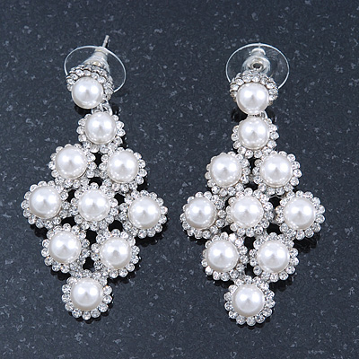 Bridal/ Wedding/ Prom White Glass Pearl, Crystal Diamond Shape Drop Earrings In Rhodium Plating - 50mm L - main view