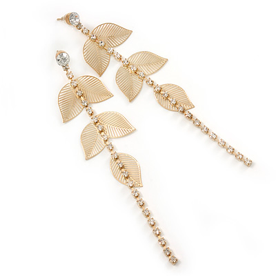 Long Crystal, Filigree Leaf Dangle Earrings In Gold Tone - 11.5cm L - main view