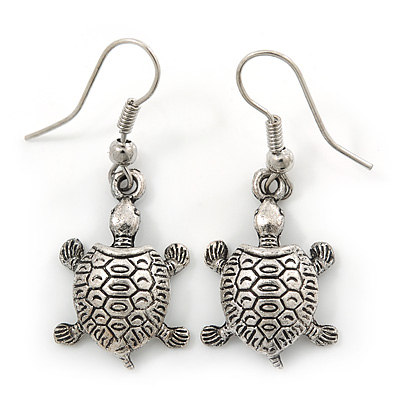 Silver Tone Etched Turtle Drop Earrings - 35mm L