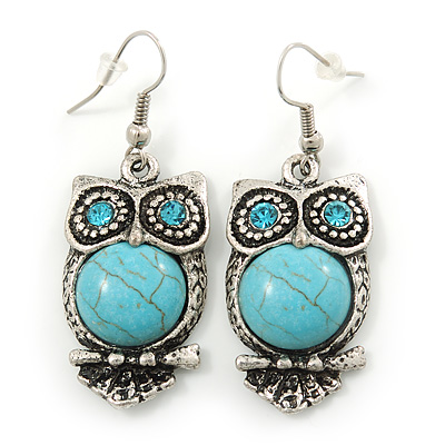 Vintage Inspired Turquoise Stone Owl Drop Earrings In Antique Silver Tone - 50mm L - main view