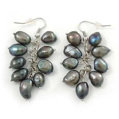 Black, Grey Freshwater Pearl Grape Drop Earrings In Silver Tone - 50mm L - main view