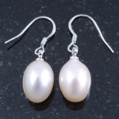 Bridal/ Prom Oval Shape Cream Freshwater Pearl Drop Earrings 925 Sterling Silver - 30mm L - main view