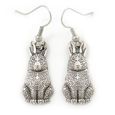 Vintage Inspired Etched Hare Drop Earrings In Silver Tone - 40mm L - main view