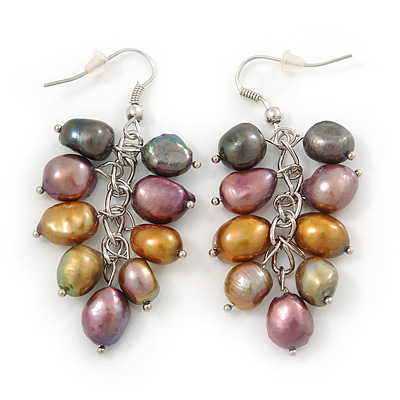 Grey, Bronze, Purple Freshwater Pearl Grape Drop Earrings In Silver Tone - 50mm L - main view