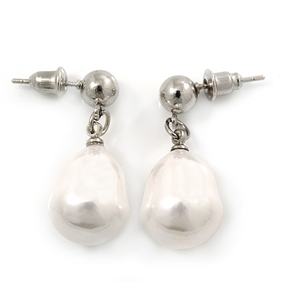 Bridal/ Wedding Lustrous White Freshwater Pearl Drop Earrings In Rhodium Plating- 28mm L - main view