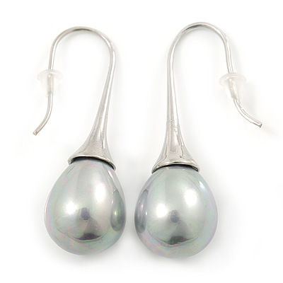 Bridal/ Wedding Light Grey Teardrop Pearl Style Earrings In Silver Tone - 40mm L - main view