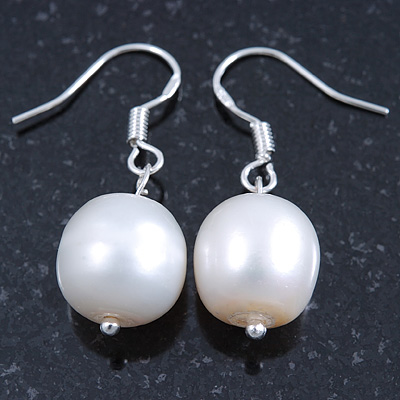 11mm Bridal/ Prom Off Round White Freshwater Pearl Drop Earrings 925 Sterling Silver - 30mm L - main view