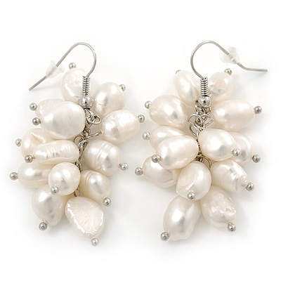 White Freshwater Pearl Grape Drop Earrings In Silver Tone - 45mm L - main view