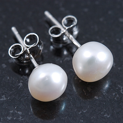7mm White Off-Round Cultured Freshwater Pearl Stud Earrings 925 Sterling Silver - main view