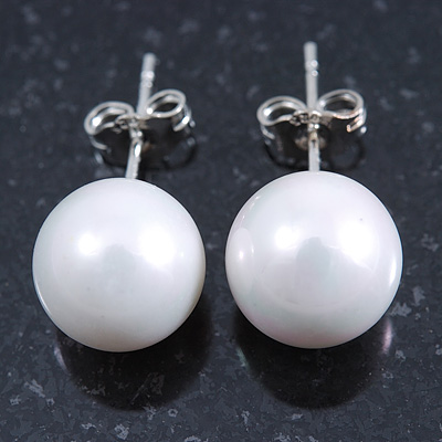 10mm White Round Glass Pearl Stud Earrings 925 Sterling Silver - main view