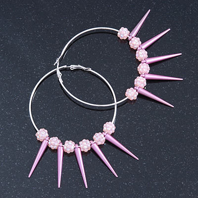 Oversized Slim Pink Spikes, Disko Balls Hoop Earrings In Silver Tone - 10cm L - main view