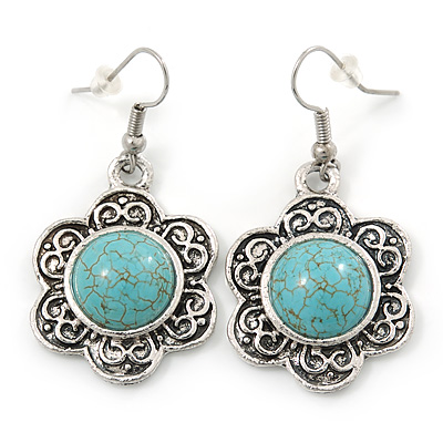 Vintage Inspired Floral Turquoise Floral Drop Earrings In Antique Silver Tone - 45mm L - main view