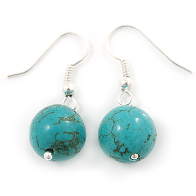 12mm Turquoise Bead Drop Earrings In Silver Tone - 30mm L - main view